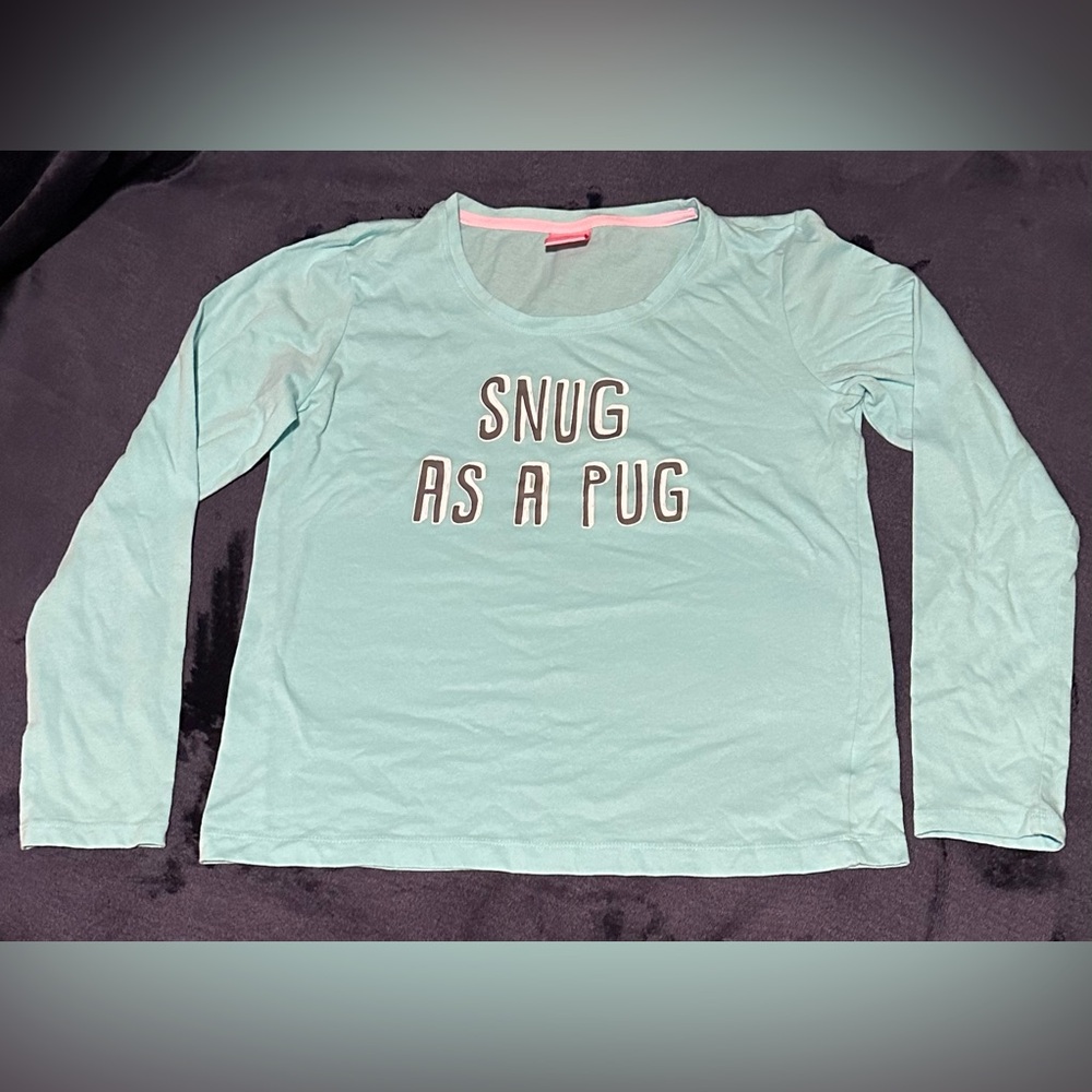 Mint Green Long Sleeve Shirt with Snug As A Pug Print